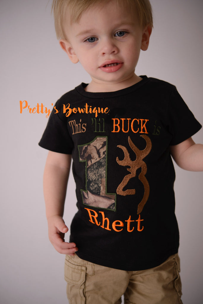 1st Birthday Camo Boy Bodysuit / T Shirt Customizable for Any Age, Personalized with Name -- This lil Buck is one - Pretty's Bowtique