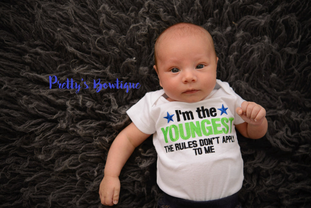 Sibling Shirts -- I'm the Youngest Rules Don't Apply to Me T Shirt or Bodysuit for Boy or Girl – Newborn to Youth 14 - Pretty's Bowtique