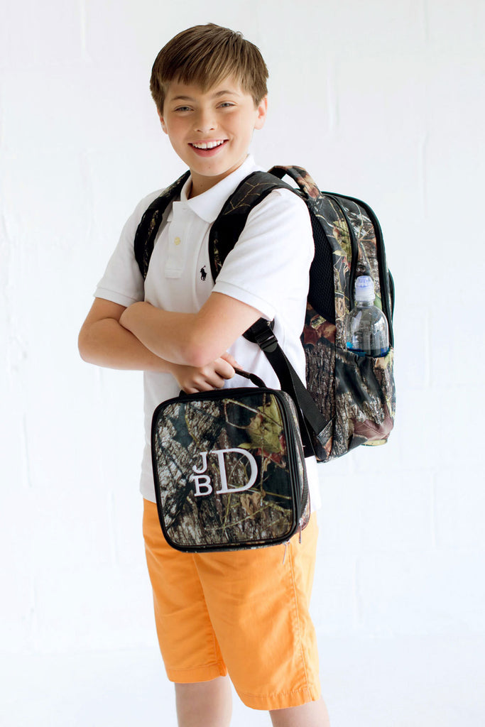 Monogrammed Backpack-- Book bag Monogrammed -- Lunch Box monogram-- Personalized bag-- Monogrammed Bookbag and Lunch Box-- Camo - Pretty's Bowtique