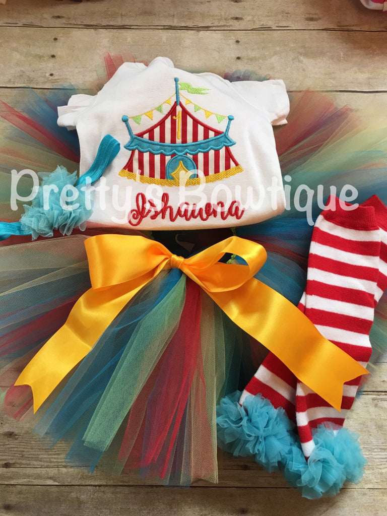 Girls Circus Birthday outfit -- Circus birthday outfit -- Shirt or One piece, legwarmers, headband and matching tutu - Pretty's Bowtique