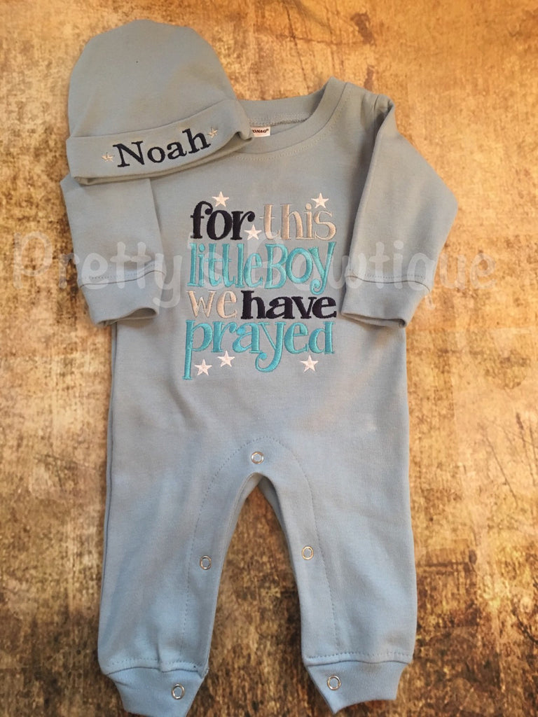 Newborn Baby Romper Outfit -- Grey Infant Boy Romper -- For This Little Boy I or We Have Prayed - Baby Shower Gift -Personalized Hat - Pretty's Bowtique