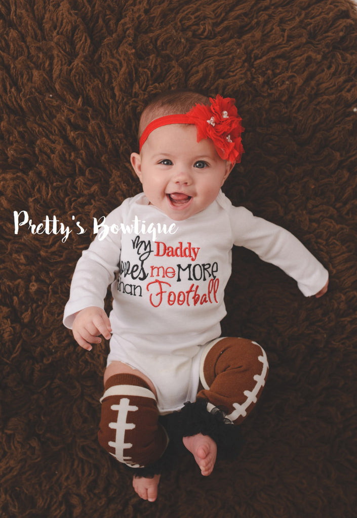 Girls Daddy loves me more than football bodysuit, legwarmers and headband -- Football outfit, football legwarmer, clothing gift - Pretty's Bowtique