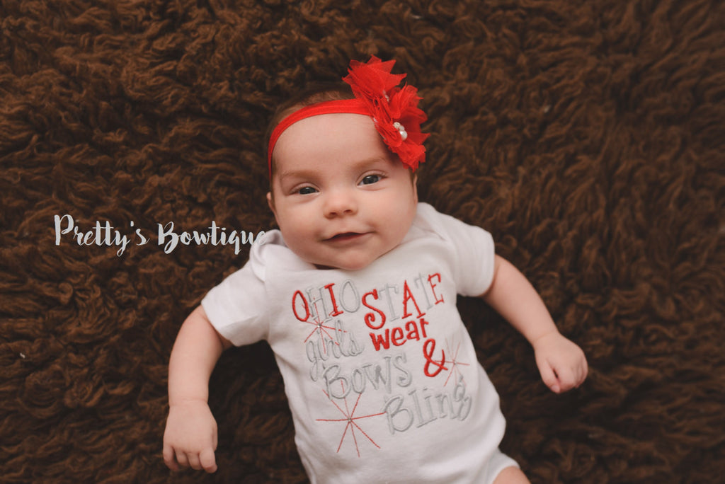 Ohio State inspired girls like bling bodysuit  set with ruffled football leg warmers and headband - Pretty's Bowtique