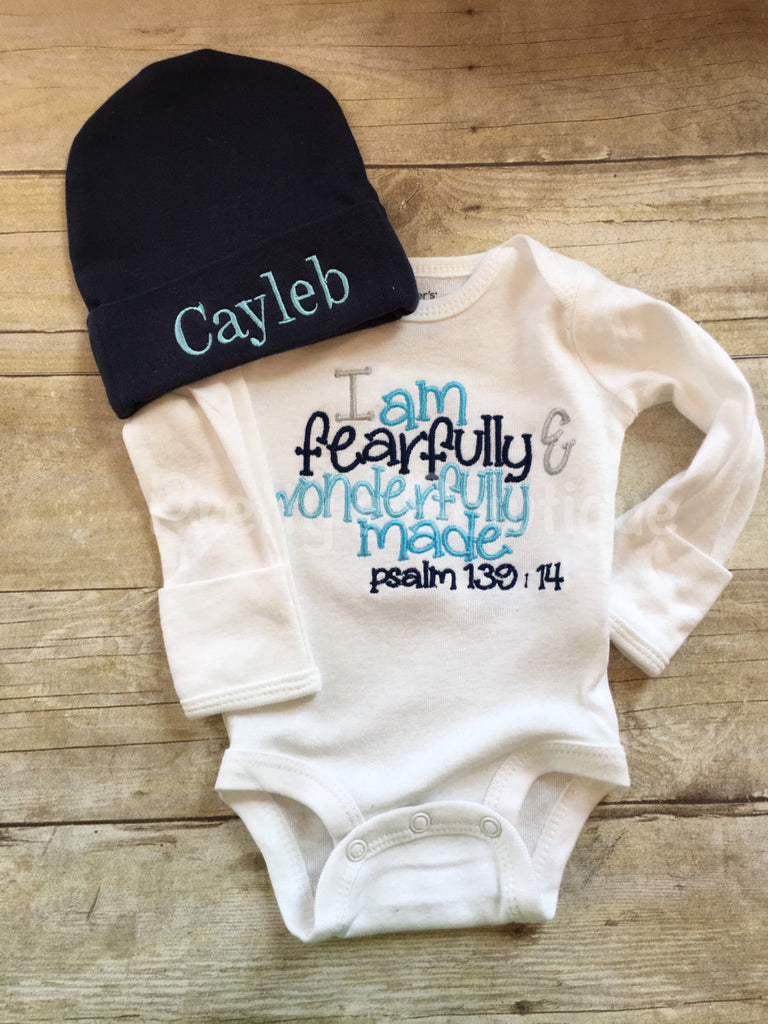 Newborn boy coming home outfit bodysuit and beanie -- I am fearfully & wonderfully made psalm 139:14.  Perfect coming home outfit-- Baby Boy - Pretty's Bowtique