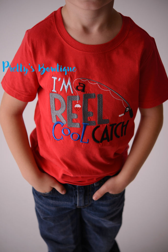 I'm a reel cool catch bodysuit or shirt boy -- Embroidered fishing shirt -- Boys Fishing shirt -- Boys summer shirt--kids fishing shirt - Pretty's Bowtique