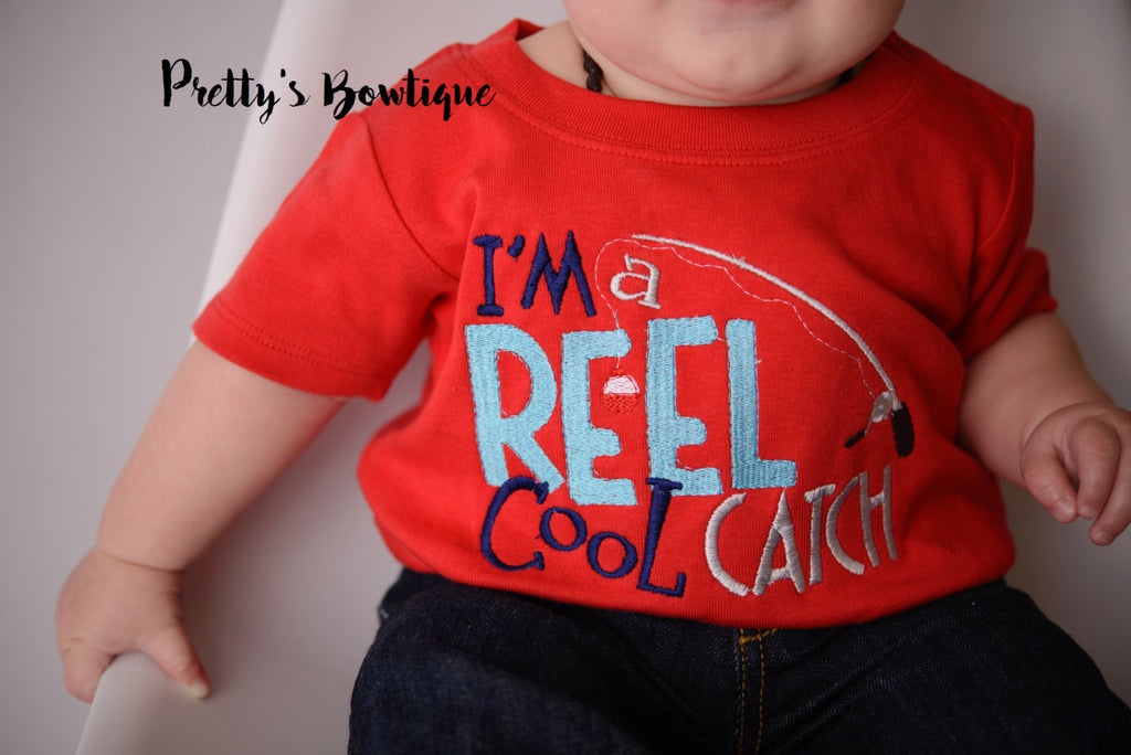 I'm a reel cool catch bodysuit or shirt boy -- Embroidered fishing shirt -- Boys Fishing shirt -- Boys summer shirt--kids fishing shirt - Pretty's Bowtique